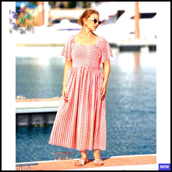 Square Neck Short Sleeve Smocked Maxi Dress Floral A-Line Plus Size Pocket - Picture 3 of 5